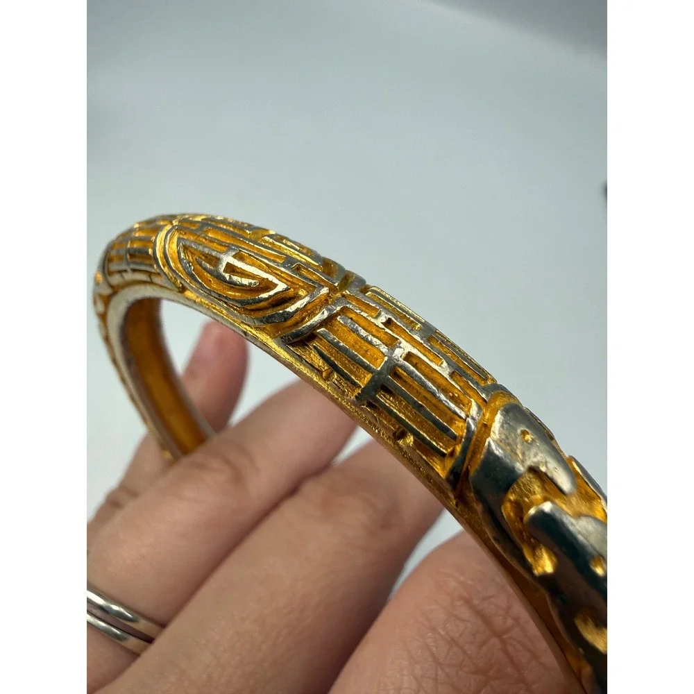 Vintage Two Tone Gold Silver Textured Bangle Bracelet Mixed Metal Geometric